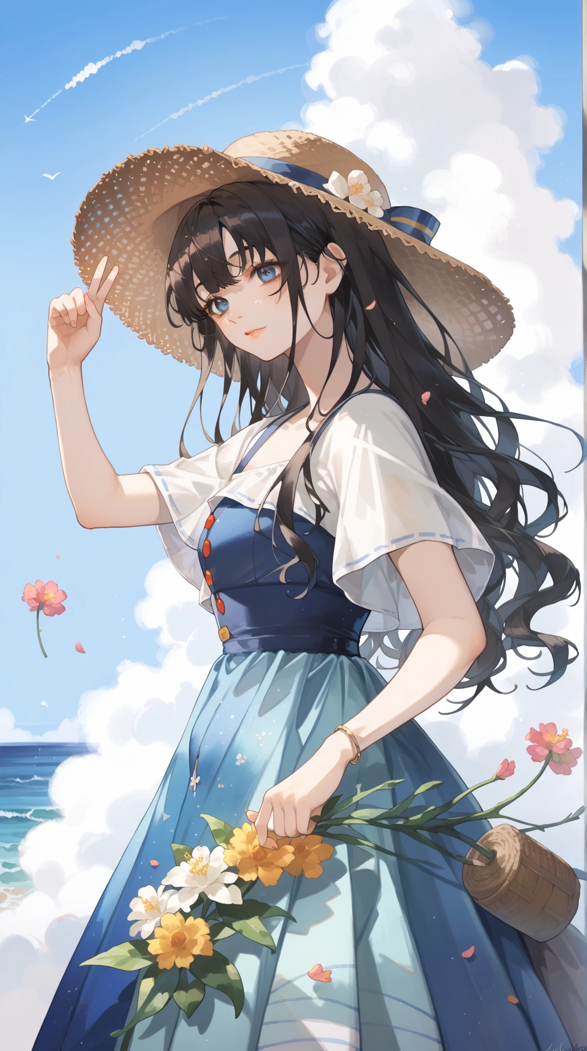 The right hand is、Pinching the tip of a straw hat