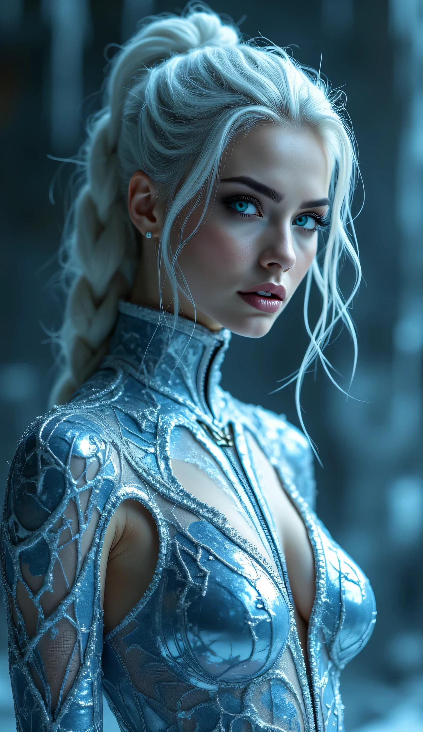 'hyper-realistic, large-scale photography design In a captivating, high-fashion studio setting, a elegantly Dutch woman stands tall, her presence both commanding and elegantly , as if she were a muse sculpted from ice and light. Her long, snow-white hair, slicked back into a thick, braided dark red ponytail, cascades down her back like a frozen waterfall, a striking contrast to the deep black roots peeking through—the perfect embodiment of strength and individuality. Her piercing blue-green eyes shimmer with a ghostly intensity, reminiscent of a misty aurora borealis, drawing the viewer into their depths and radiating an unyielding confidence. Draped elegantly across her toned physique is a daring, luxurious night body-suit that clings like a second skin, enhanced by a holographic camouflage body kit cloaked in intricate maze-like patterns that catch the soft light, creating an alluring interplay of shadows and highlights. The photograph captures this stunning ensemble from a low angle, emphasizing the tailored elegance and curated artistry of the design, while a moist texture adds a deliciously surreal icing effect across the surface, as if inviting touch.