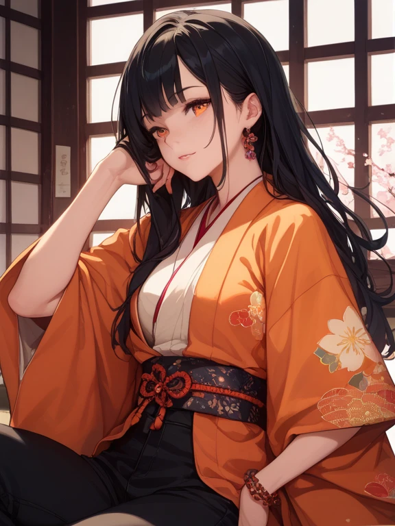 Masterpiece, a girl, Orange eyes, high detailed eyes, bluish hair, layered hair, hair or ornament, ponytail hair, earrings, necklace, white Japanese kemono,cute expression 