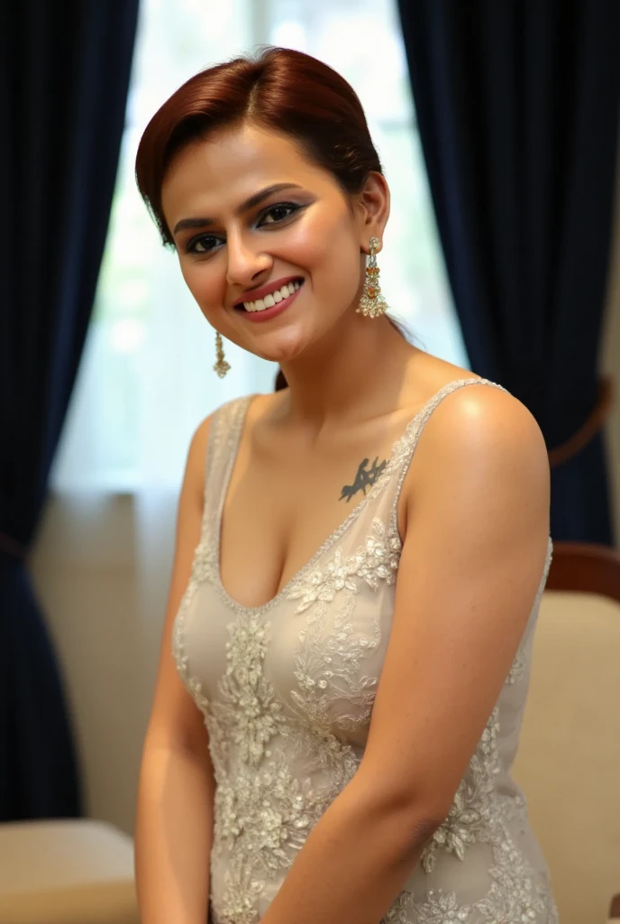 ultra realistic, detailed, night time, safe for work solo photo of a viba woman wearing Ivory sleeveless turtleneck Kanjeevaram Silk Saree, dynamic pose, looking at camera, laughing, background of high end restaurant with city lights in bokeh <lora:viba_Vidya_Balan_SD15_LoRA_prodigy_local_regs:1>