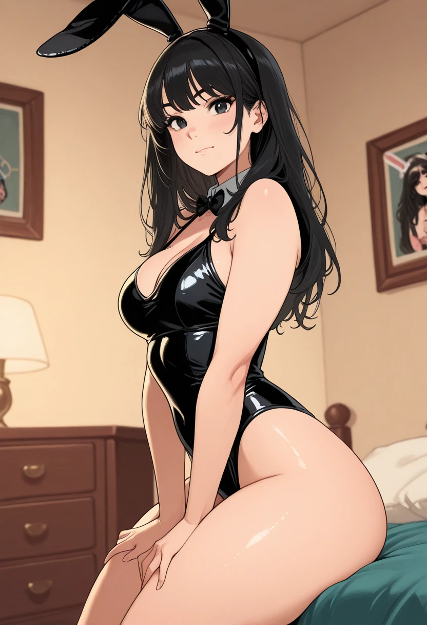 Highschool dxd, Raynare 1girl, long black hair, (((bimbo))), puffy lips, painted lips, thick lips, wide hips, thick thighs, big breast, huge round ass, revealing cleavage, erotic, evil smile face, bubble butt, breasts, black bunny outfit, selfie, bending over