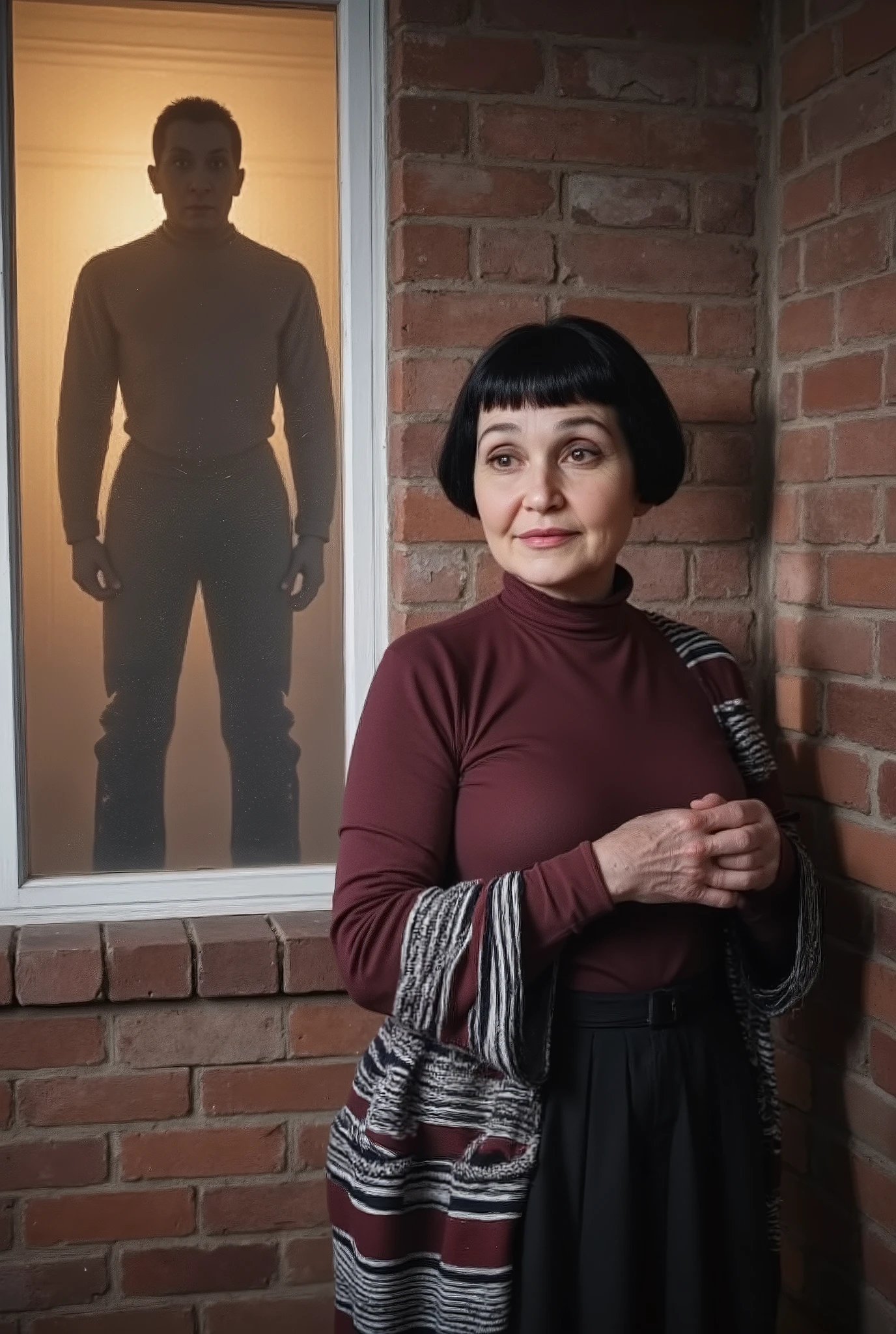 Very old white lady with black short bob hairstyle with a side bangs, she has brown eyes, She on a porch at this house she's stand by a window with blinds open and the lights on the inside the house are turned on. There are two men silhouette shadow figures with there faces tuned away from the window they are standing by inside the house it is the same window were the olders white lady is standing next to with her back up against the brown brick wall next to that window, the window is almost by the front door, The old Lady is shocked and afraid her hands are up against her chest, she is wearing a burgundy long sleeve turtle neck and a black pleated skirt and a long sleeve cardigan over her clothes as a jacket it has horizontal stripes the color of the stripes are white, black, and burgundy.