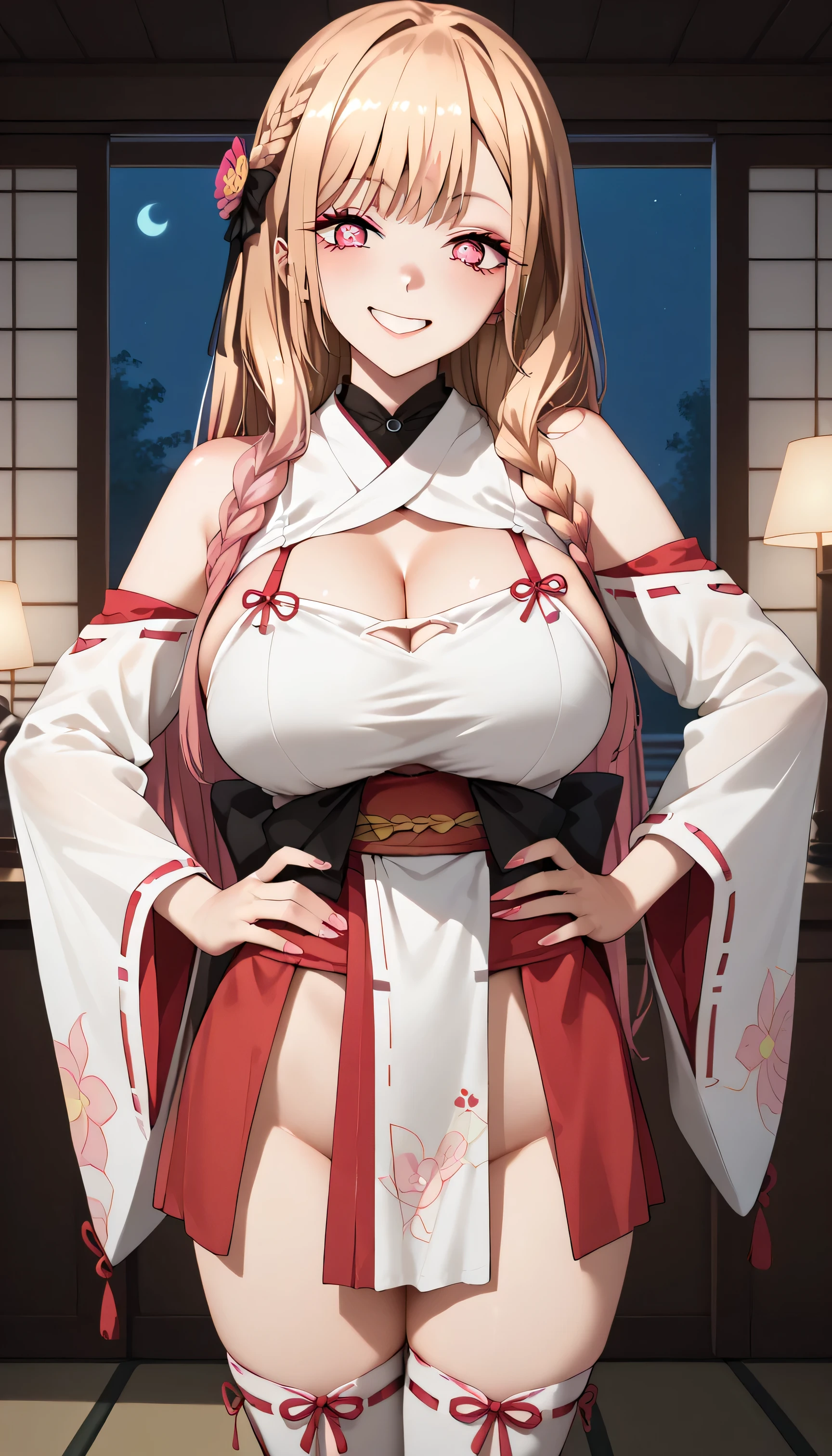 High resolution,masterpiece, Highest quality, Kuo Shenlin , heterochromia , Brown hair, smiling , (((nsfw))) , (((busty))),1girl, sensual body, Her cheeks flushed , white and red kimono , miko , night , japanese festival , maturi