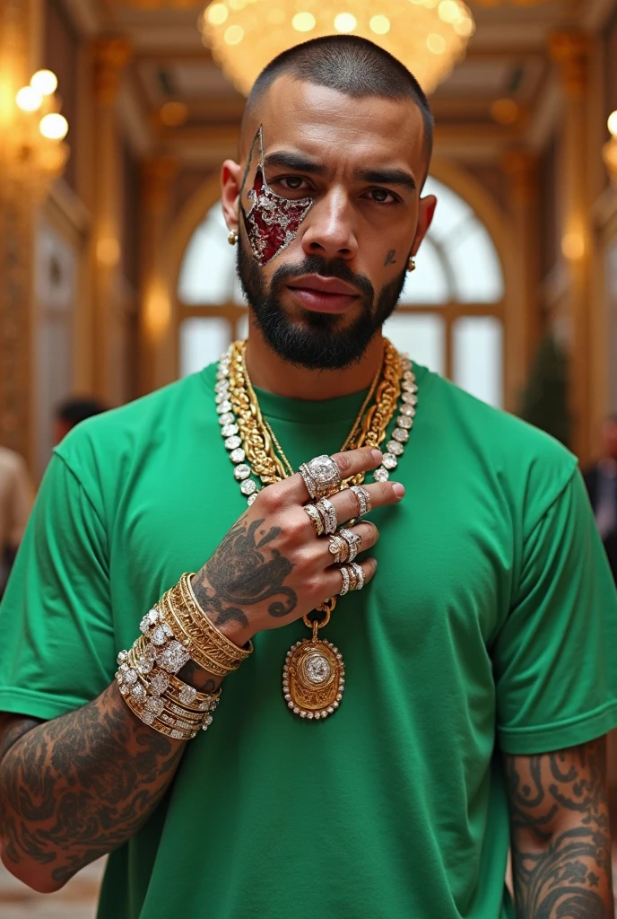 Man in costume, gold chain, gold watch, white gold earrings, angry expression, wounds on the face, blood on the face, hurt face, haircut on the sides and big on top, a butterfly flying next to him
