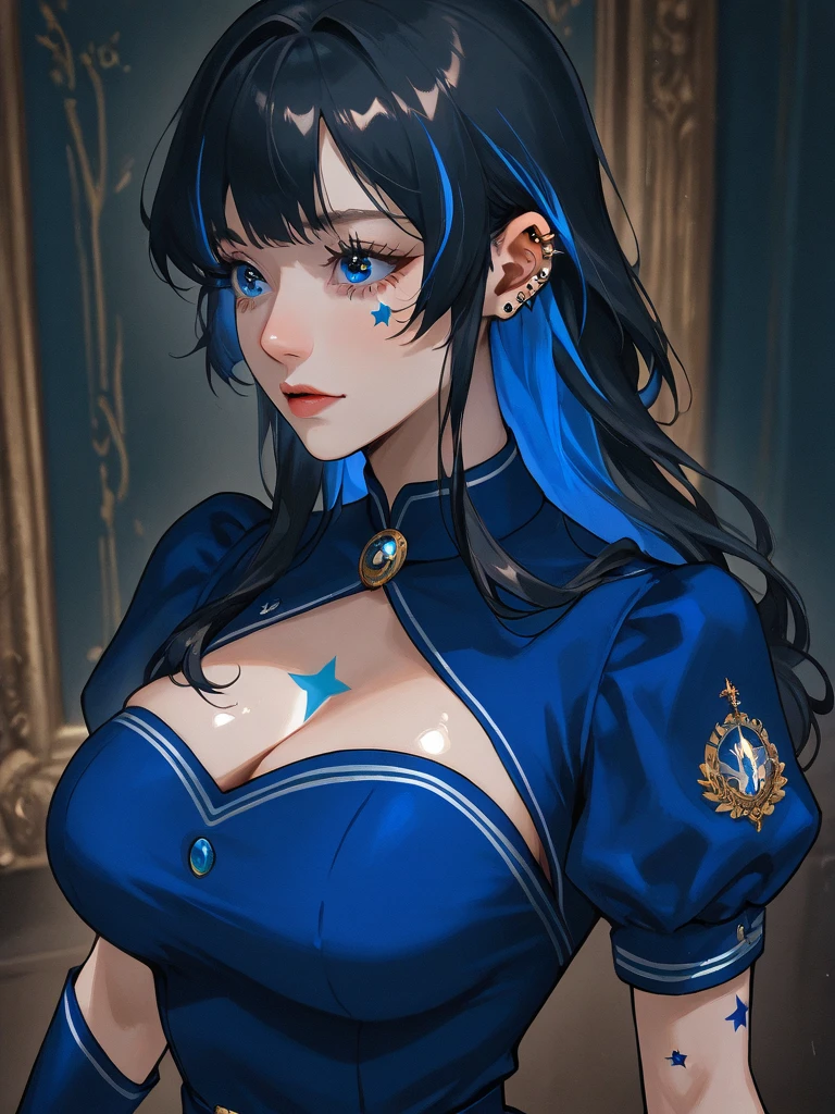 Adult woman, long black hair, blue eyes, open kimono, open breasts, big breasts, smile, masterpiece, high quality