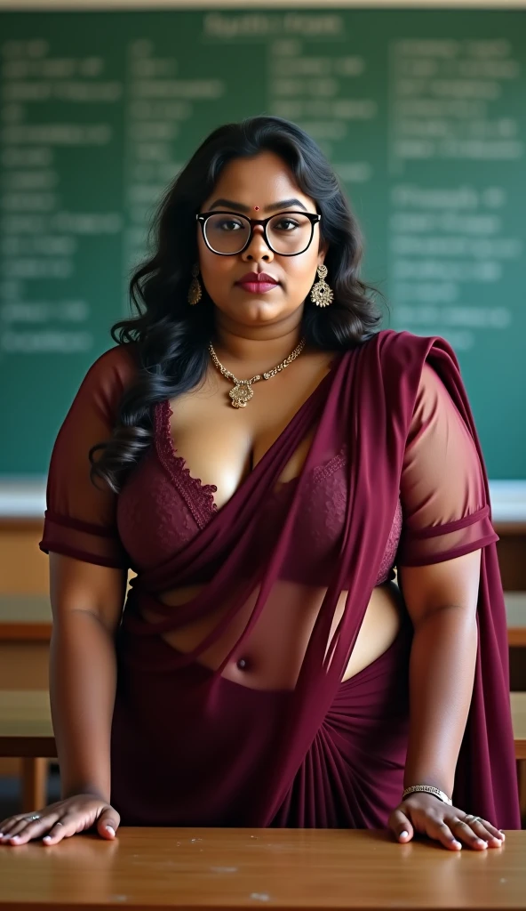 extreme close up photo of ntg avika gor, hourglass figure, big cheeks, curvy, swooping breasts, sexy armpits, standing in classroom, French braid hair, necklace, sultry, nerd glasses, look at viewer and smile, sexy satin silk royal blue see through saree, (cinematic:1.3), intricate details, (ArtStation:1.2)