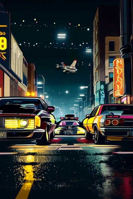 Epic gang war scene in the gritty streets of Los Santos, inspired by Grand Theft Auto. Bullet holes in walls,  dollar bills flying in the air, graffiti-covered buildings, lowriders parked nearby, gangsters in bandanas and streetwear shooting  cars, helicopters in the sky with spotlights, nighttime, neon lights reflecting on wet asphalt — ultra detailed, cinematic, urban chaos.