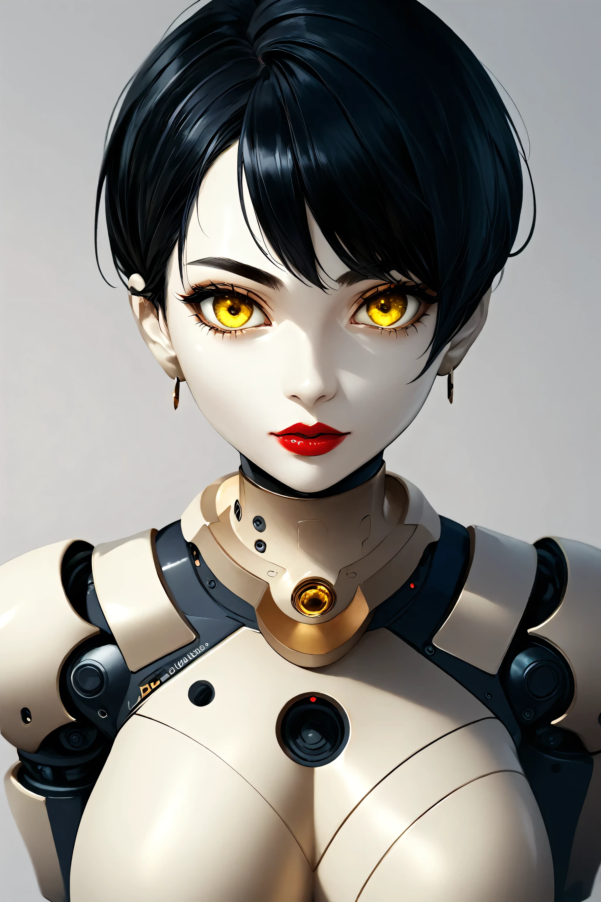 1girl, robot body, robot face, short hair, black hair, black eyebrows, natural eyebrows, big eyes, bionic eyes, yellow eyes, nose, red thick lipstick, beautiful girl, looking at viewer