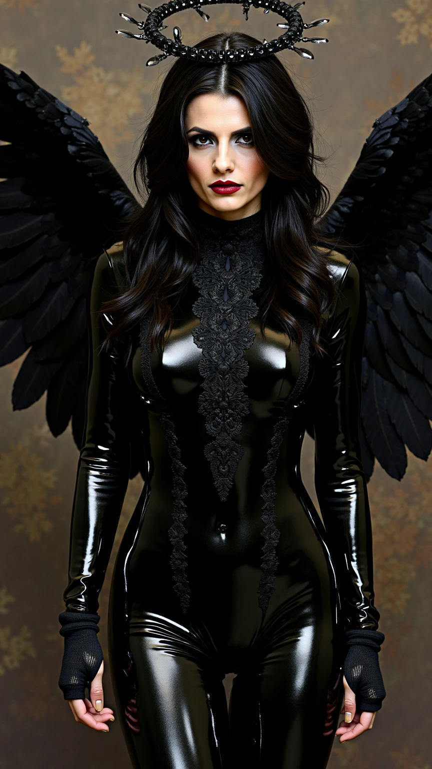 A brunette italian woman with elegant hair and big massive breasts wearing a sexy black latex uniform, very low-cut and with huge black wings on her back wearing black gloves and boots 