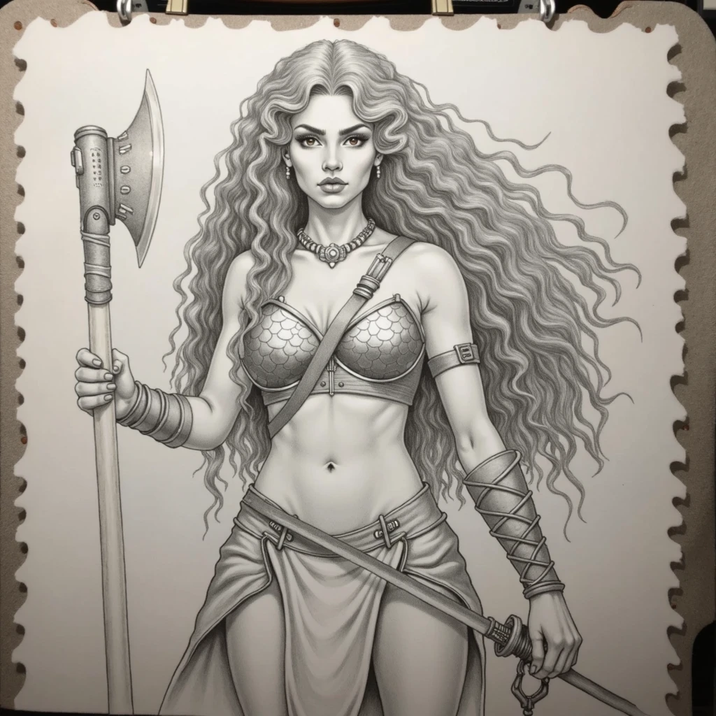 a drawing of a woman with a sword and a sword, pencile and ink, ink and pencil, ink sketch, extremely fine ink lineart, frank cho, inspired by Clyde Caldwell, pencil and ink, ink drawing, inked drawing, ink draw, drawn in the style of artgerm, pen and ink, by Ric Nagualero