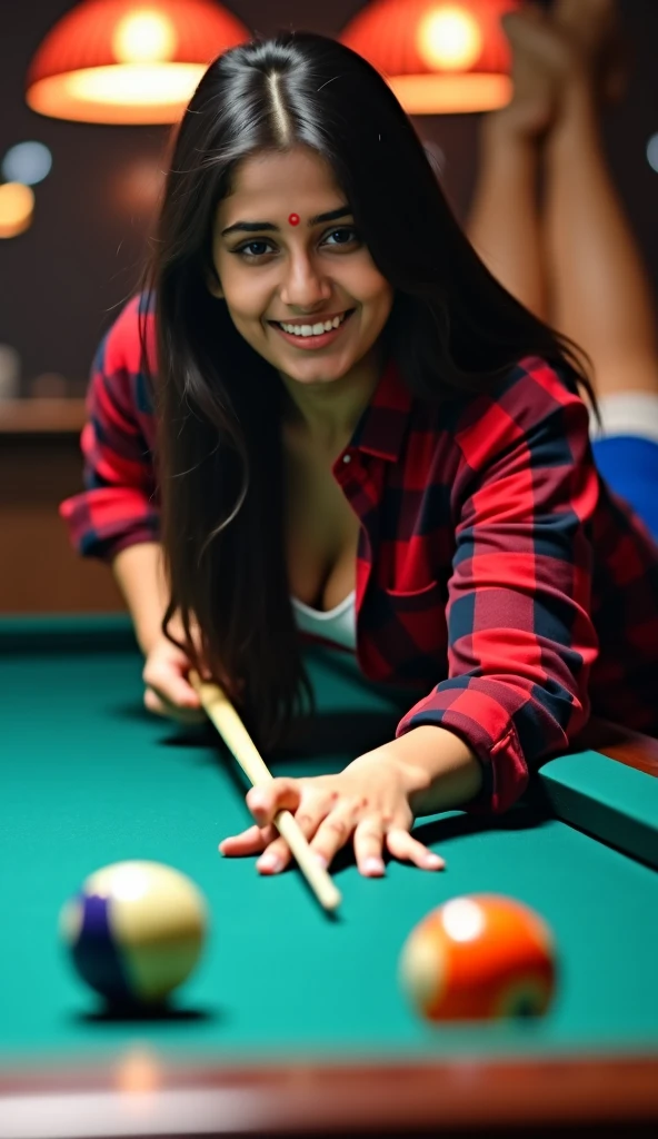 Indian , black hair , tied , black ???????? , heavy cleavage , billiards table , smiling 