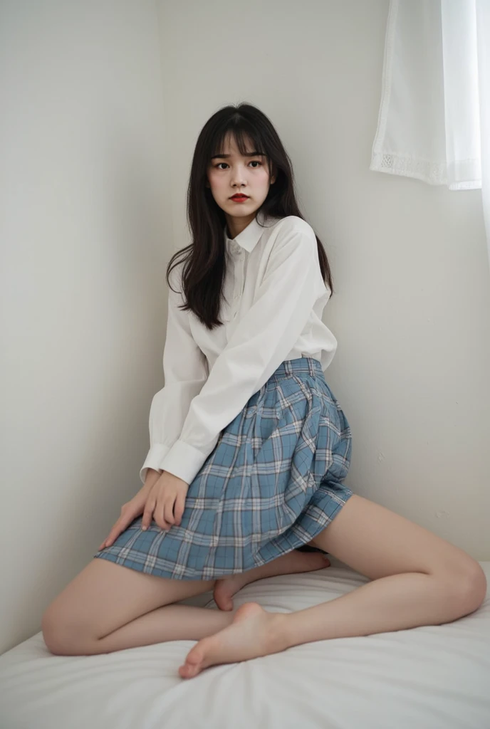 (8K, RAW Photo, Best Quality, Masterpiece: 1.2), (Realistic, Photorealistic: 1.37), Best Quality, Ultra High Resolution, Photon Mapping, Radiosity, Physically Based Rendering, Blurred, Foreground, Depth of Field, Blurry Background, Photo_\ (Medium), Motion Blur, Girl, (Full) Body), Long Legs, Thin Legs, Long Hair, Bangs, (Bangs visible), hair_ornament, Lips, Hair clip, Solo, blue_eyes, Nosesoft, China, White shirt, Grey plaid pleated skirt, Sheer clothing, Black loafers, Thigh Hai, Black cotton socks,