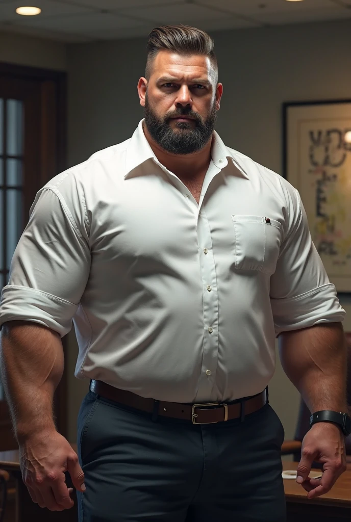 (Age: 60, White man, Police detective, Horny yet disgusted expression, Muscular yet chubby build, Kind demeanor, Buttoned-open translucent shirt revealing a hairy chest, Dress pants, Clear bulge in front, Wearing loafers)
This 60-year-old white man, in the prime of his detective career, exudes an air of both authority and intrigue. His kind smile and thoughtful demeanor belie the horniness and disgust lurking within his gaze. His muscular chubby physique sets him apart from the typical, unassuming detective. His translucent shirt, left open to reveal a hairy