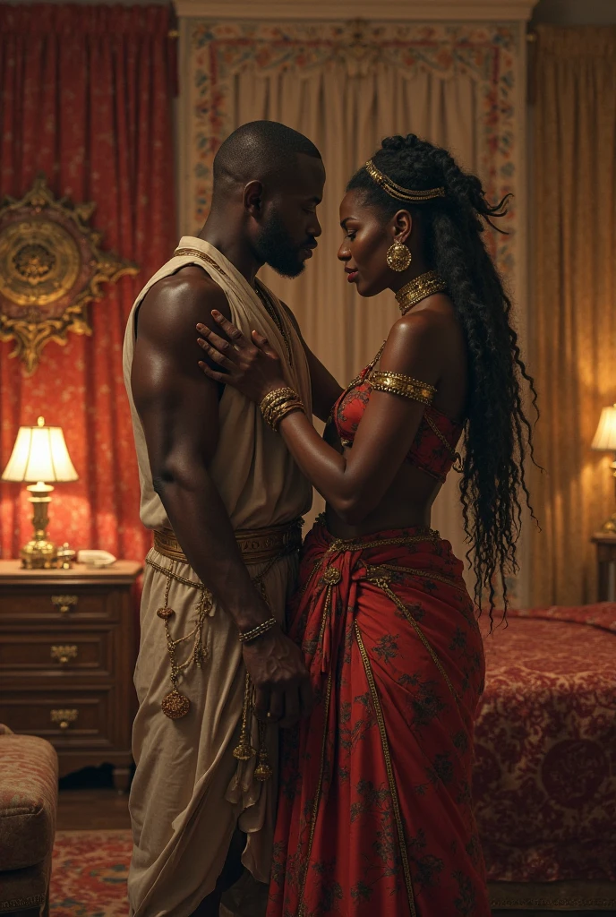 antique analog vintage, black tribal goddess, African tribal clothing: 1.2, high skirt, cleavage, bare breasts,, black-skinned woman, having sex with ebony 1 male, ebony, rich African woman, golden tribal headdress, gold rings, necklace heavy gold, heavy gold bracelets, long black hair, large sagging breasts, puffy nipples, full lips, wide open eyes, cowgirl, tribal palace, flowers, fruits, raw, photo, realistic, cinematic, intricate details, expressive,, stained vignette, highly detailed found footage, desaturated faded film, film skratches and dust, Photo color, Photo lighting, cinematic angle composition, 50mm