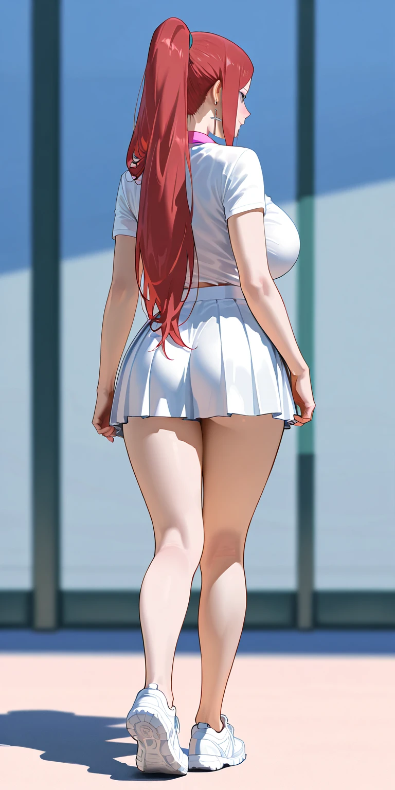 Masterpiece: 1.2, best quality, realistic, (real image, intricate details, depth of field), beautiful redheaded woman, she has stunning blue eyes, highly detailed, perfect face, (huge breasts: 1.6), (skin dentition), thick thighs, wide hips, small waist, high, (huge ass: 1.6), blushing, sexy, wearing red skirt, and short tight high socks, erotic position, sfw