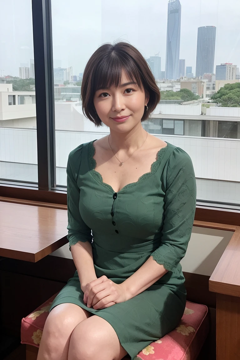 8k wallpaper, masterpiece, Highest quality, Ultra-detailed, One mature woman, 50 years old, Highly revealing, Wearing a spring-like shirt, Skin dents, A seductive smile, Looking at the audience, Cleavage, plump, Curvaceous, Seductive face, Toothy smile, was happy, Sitting at a cafe, Background Blur
