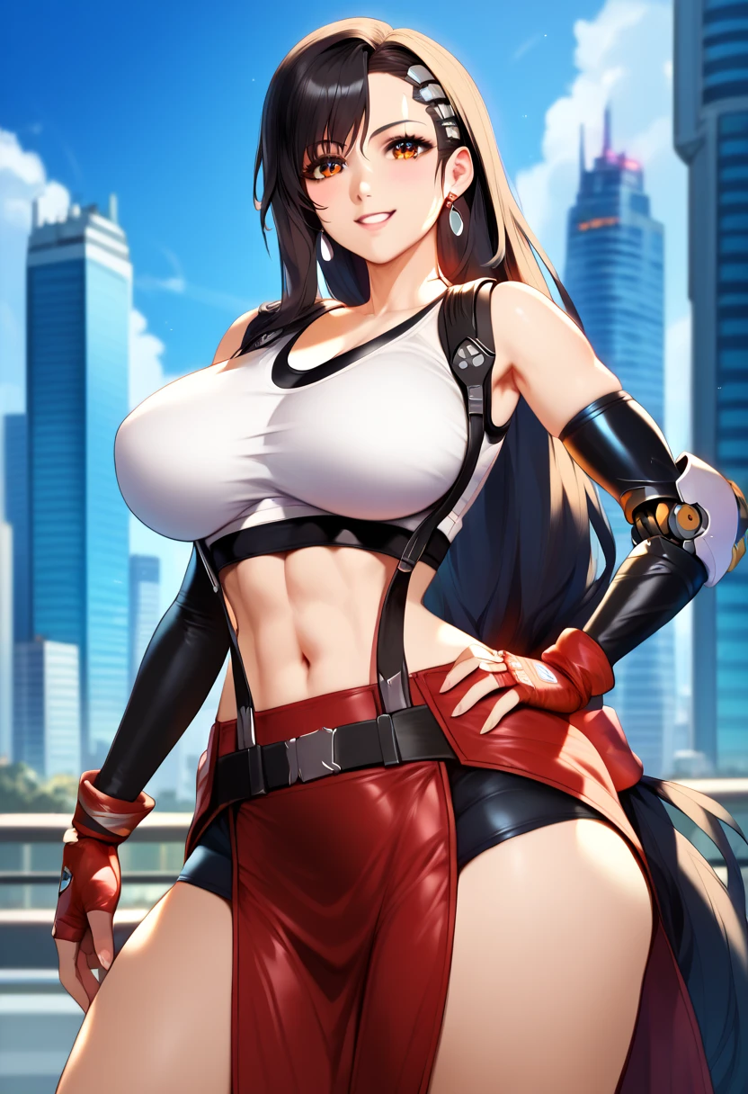 masterpiece, best quality, defTifa, cowboy shot, red eyes, low-tied long hair, earrings, white crop top, suspenders, black miniskirt, pencil skirt, arm warmers, elbow pads, elbow gloves, red gloves, huge breasts, standing, cityscape, night, looking at viewer, smile, ((deep cleavage)), bursting breasts, ((underboob)),