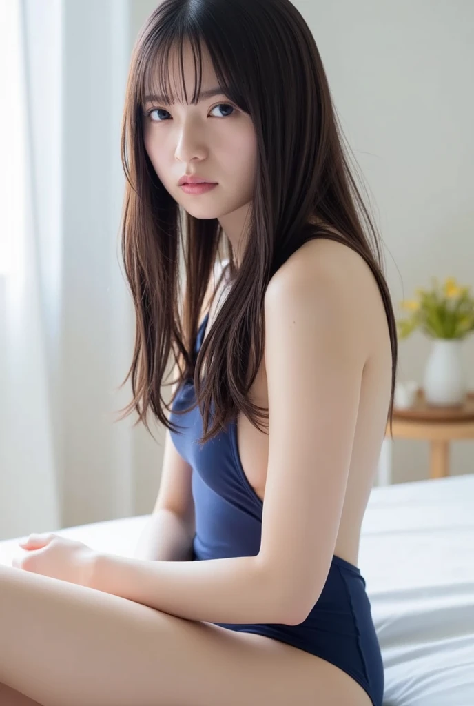(((Highest quality,Very detailed,masterpiece,Very detailed))) ,(((crawl:1.5))),((Bend your knees)),Loose breasts,See-through,camisole,one piece,barefoot,One Girl,Realistic,Bedroom、Looks sleepy