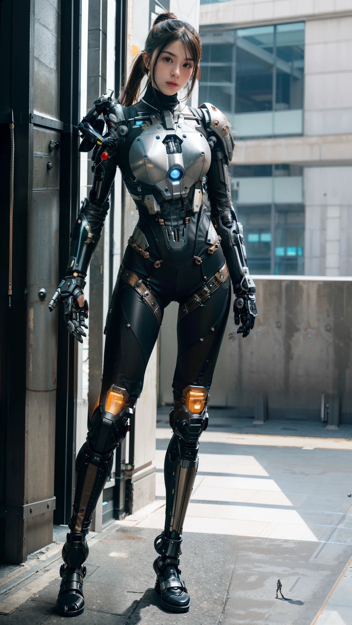 1 girl, alone, Wearing a mechanical suit, Mechanical wonders, cyberpunk, Cybernetics Guardians, Armor of the future, full body, front pose, symmetrical, complicated (Metal Iron [rust]), joint, Warframe Style, Cyborg, Male body and armor, Chainsaw Man 