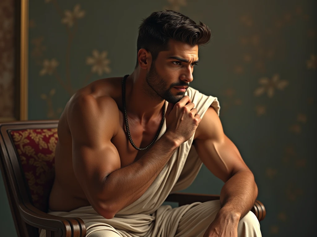 Describe the scene:
"In a dimly lit, vintage-themed room, a man sits pensively on a wooden chair. Dressed in indian traditional attire with a shawl draped elegantly over his shoulder, he is deeply engrossed in reading from a tablet. His serious expression, along with his thoughtful posture, suggests he is lost in contemplation or studying something profound. The monochromatic tone of the photograph adds a timeless and introspective mood to the scene."