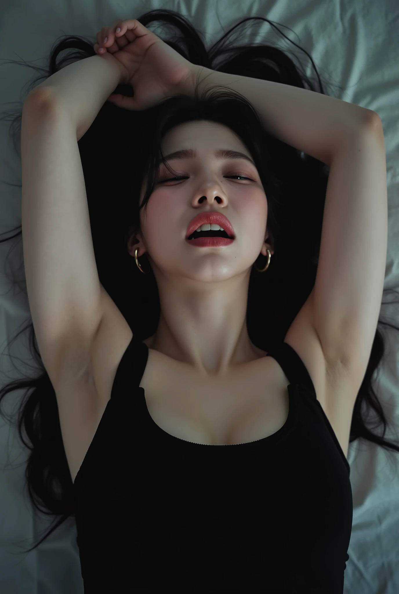a 30 yo korean woman, slightly curvy, huge breast, wearing black tanktop, cleavage. ((crying face, Furrowed eyebrows, closing eyes, open mouth, face facing upwards)). lying on the bed. arms up, pale skin, long black hair