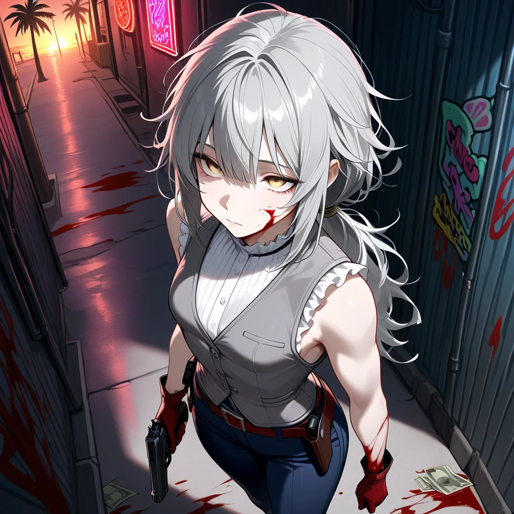 ((high quality)), girl, white hair, unique hair style, serious face, tank top, army pants, gritty, blood on face, raining, (army base background), bold letters, girl is the center focus, army theme