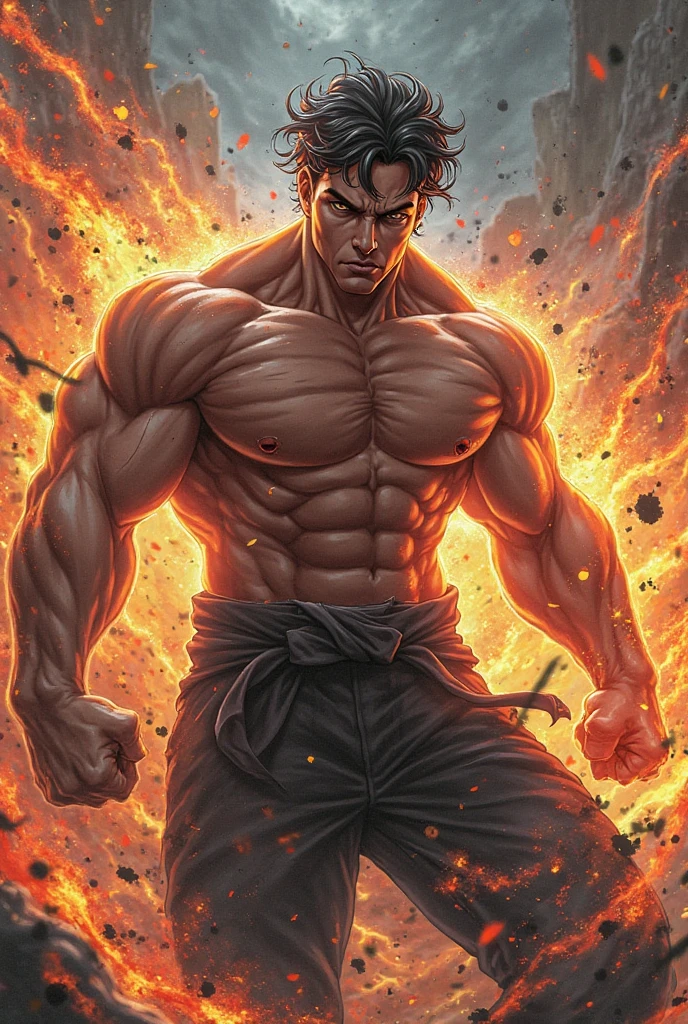 ((Upper body)) masterpiece, Best quality red-eye, Game CG, 1boy adult male, (naked:1.2) Rough adult face, alone, male focus, looking at the audience, Upper body, (shirtless naked), toned muscles, Chest muscles, 8 ABS, toned legs, naked, slightly protruding, (fire:1.5) and Embers (particle effect:1.2), detailed, dynamic lighting, Plenty of lighting, (皮肤上起fire:1.2), (Skin burns:1.2), (Eyes on fire:1.2) (:1.5), (penis:1.2) ((From a distance)) ,Masculine shape, Manliness, dynamic poses, Dynamic angle, The image is clear and sharp,