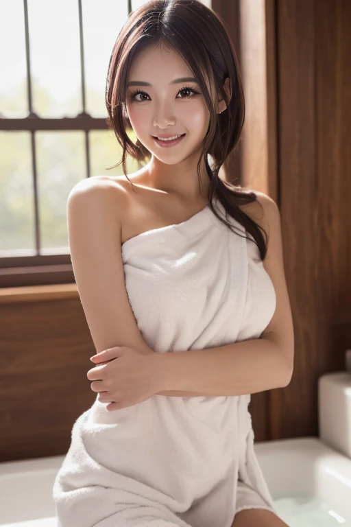 NSFW, 1 girl in、full body Esbian、A dark-haired、The long-haired、(huge-breasted), cleavage、White Nightgown, Loose fit,  (delicate illustration:1.4)、(​masterpiece:1.0)、(top-quality:1.4)、(超A high resolution:1.2)、(Photorealsitic:1.4)、(8K、Raw photography:1.2)、(softfocus:1.4)、(15yo student:1.3)、(foco nítido:1.4)、Ultra-detailed face, Smiling, Full body, Sit on the bed， Inside a log cabin，fire burning in the fireplace