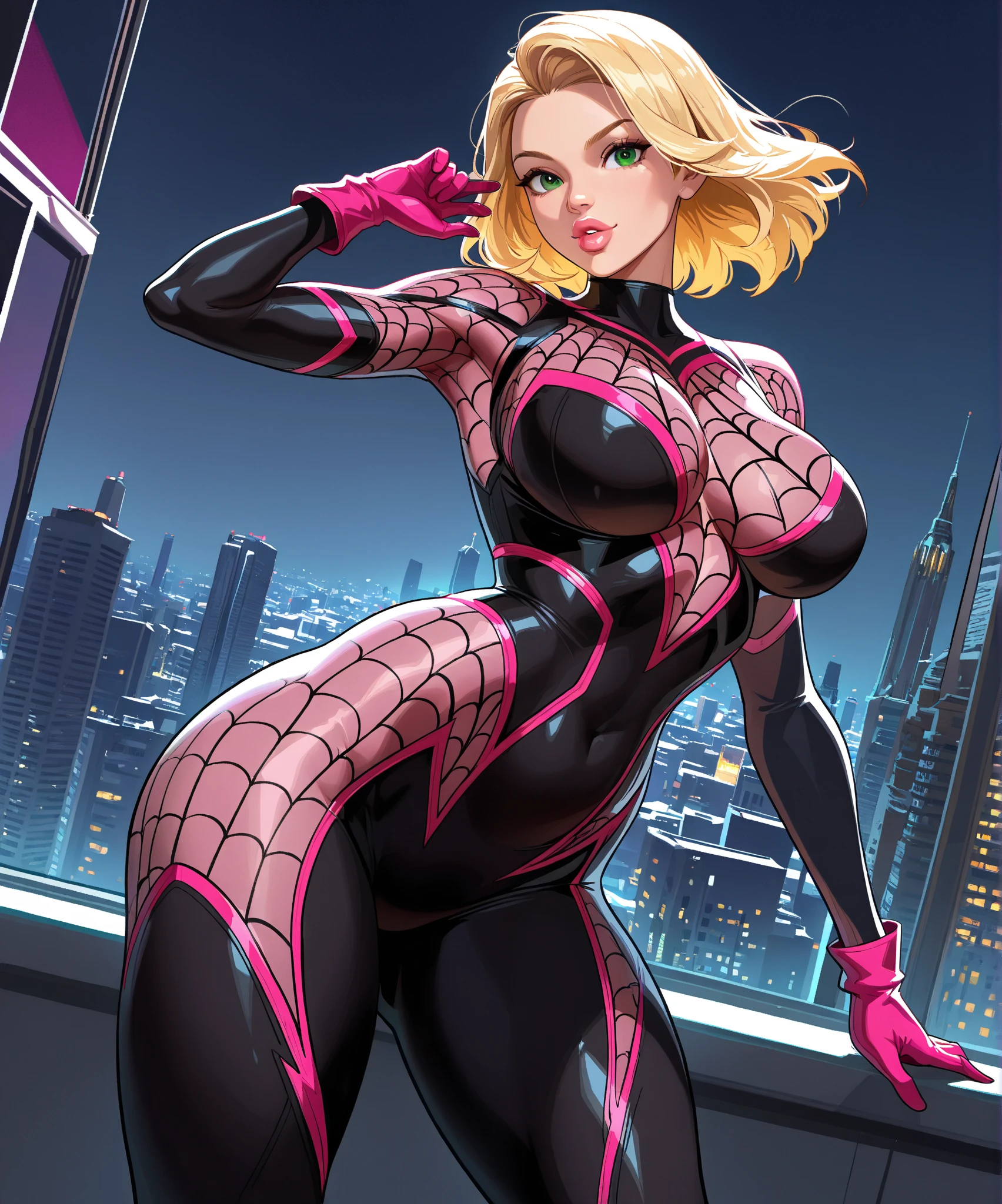 Gwen in the x-men in her new spider x-men suit,Solo, High Resolution, Masterpiece, Best Quality, High Details, High Quality, Large breasts, adult woman, character reference character sheet

