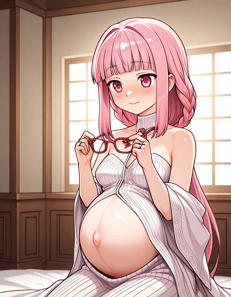 (masterpiece, Best Quality:1.2), 1 woman, 1 man, fucking,pink hair,green hair braid,dark pink eyes, room , big breasts, Upper part of the body, belly button, blush, tall woman, evening, doggy style