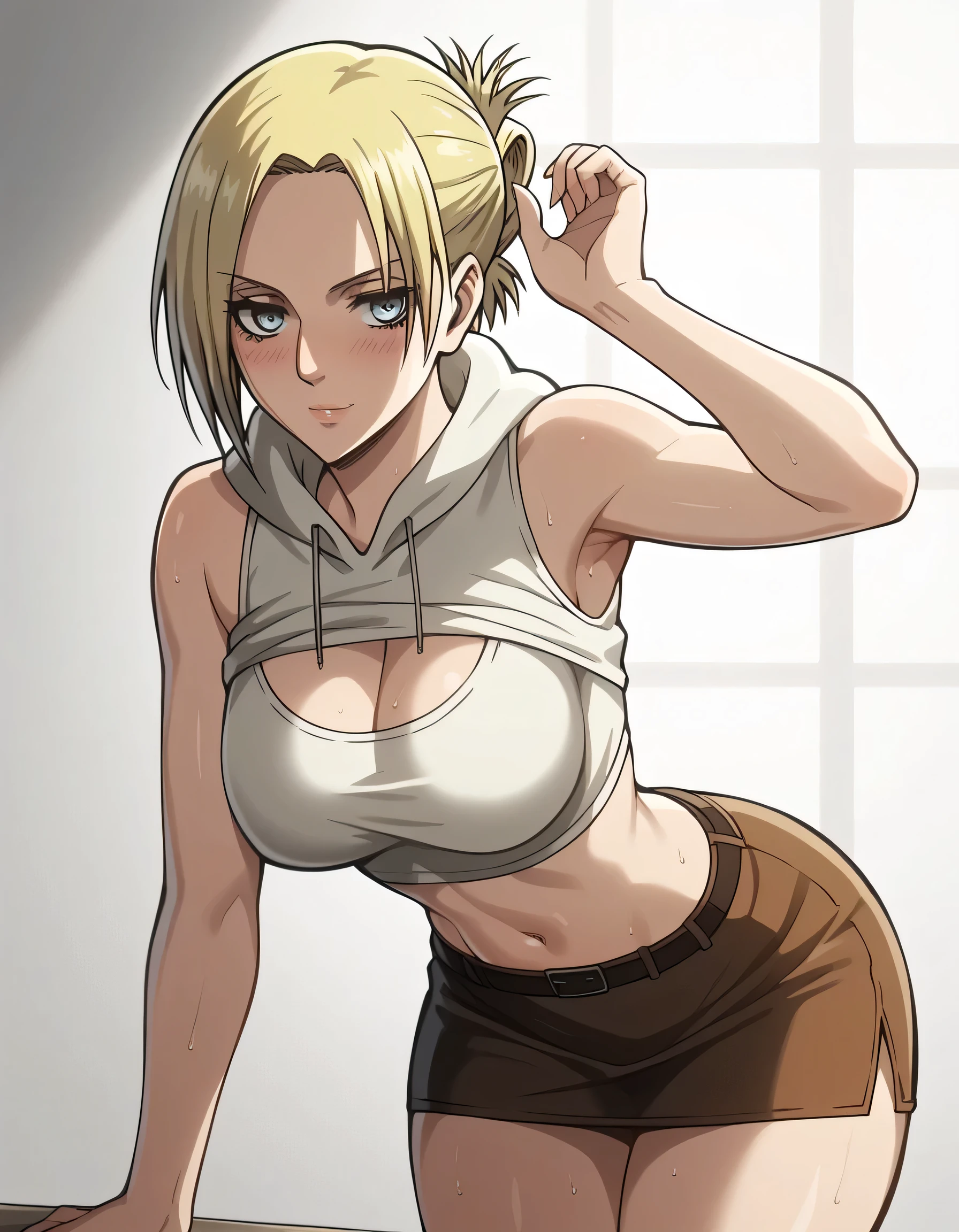score_9, score_8_up, score_7_up, score_6_up,4k,  source_anime, solo, 1girl, annie leonhardt, short hair, blue eyes, blonde hair, folded ponytail, looking at viewer,, navel,,,, , blush, smile, COWBOY SHOT, big  breasts, armpit,, thick  thighs, wide hips,, shiny skin, with a confident and annoyed expression, leaning forward with one hand on a counter and the other on her waist, wearing a tight black ribbed turtleneck crop top and a short white high-waisted skirt, large breasts visibly pressing against the fabric, stretched clothing, slightly shiny and sweaty skin, dramatic side lighting creating soft shadows, highly detailed anime rendering, ultra-realistic texture, 4K, empty background, white background