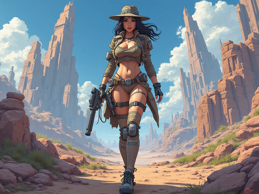 (masterpiece, top quality, best quality, official art, beautiful and aesthetic:1.2), (1girl:1.3), dark brown hair pulled back, topknot, braids, extremely detailed, portrait, looking at viewer, solo, (full body:0.6), detailed background, close up, facepaint, tribal tattoos, (warm summer desert theme:1.1), busty human barbarian queen, elegant face, long face, charlatan, smirk, mysterious, walking in savannah, revealing tribal attire, bare midriff, brown leather, fur lined clothes, long boots, buckles, straps, pouches, axes, tan fabric, brown leather, gigantic breasts, skindentation, cleavage, muscular, strong, slim waist, slim hips, long legs, muscular legs, medieval (savannah exterior:1.1) background, dark mysterious lighting, shadows, magical atmosphere, dutch angle, (((balsamique)))