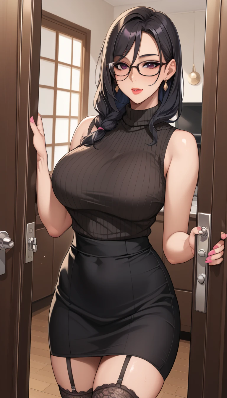 Dark grey sheer cheongsam,Long black hair,Wavy hair style,Huge Breasts,cleavage,Pistol hanging from waist,In the meeting room,Senior Secretary,Sexy,Lipstick,Gray eyes,stockings,Smile,earrings,lipstick,Nipple showing,plump figure,Big Ass,Arms equipped with mechas,Front view,Upper body close-up