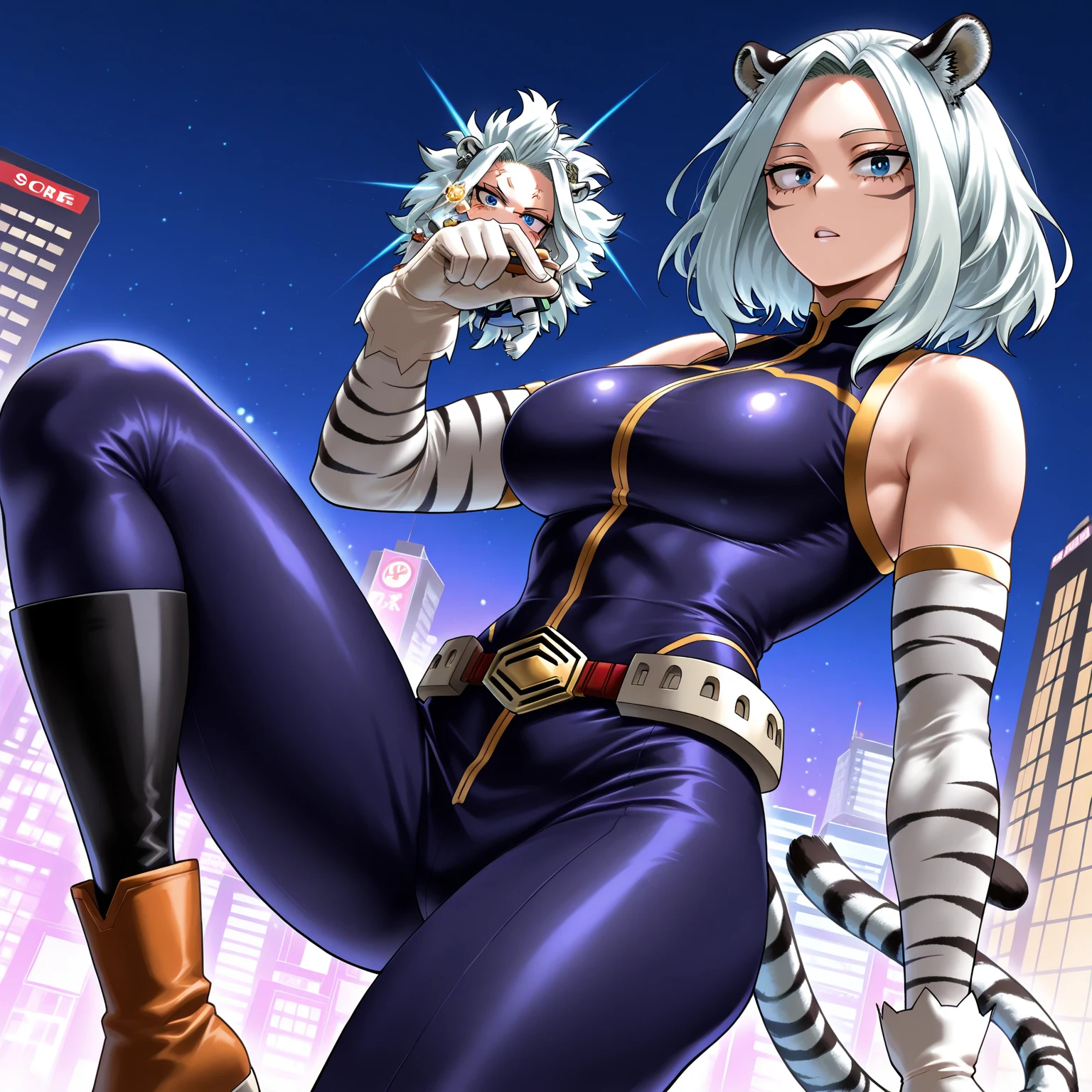 A  with a strap of straight white hair., Dark skin, latin descent, purple irises, wearing a black tactical suit with gold threads and wearing gold snake-shaped earrings.. detailed eyes, detailed face, intricate grunge outfits, cinematic lighting, realistic strong backlit concept art.