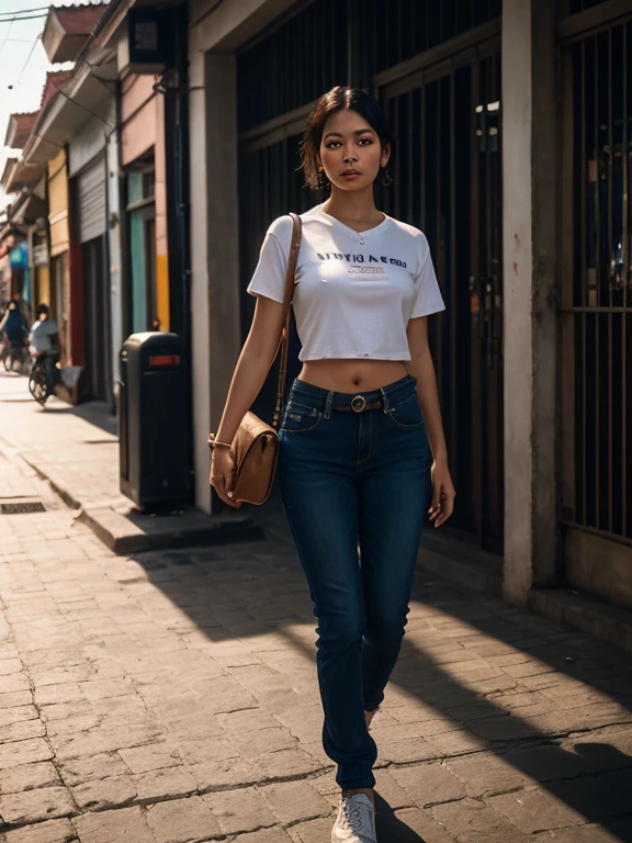 A beautiful Indian woman wearing jeans and t-shirt, whose waist is thinner than her chest, whose chest is attractive, whose buttocks are also attractive, who is standing in a city.