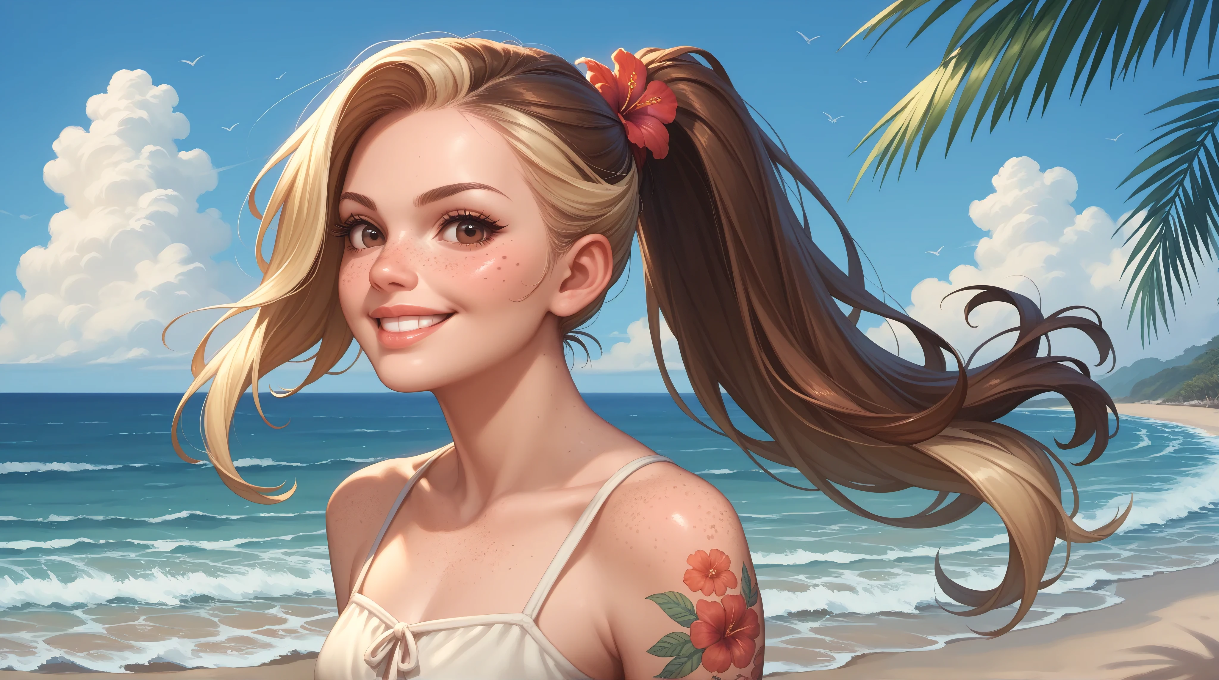 1girl, solo, brown eyes, grin, ponytail, looking at viewer, blonde hair, brown hair, flower tattoo, bare shoulders, summer dress, freckles, multicolored hair, long hair, arm tattoo, detailed face, eyelashes, lips, beach, ocean, sand, waves, palms,