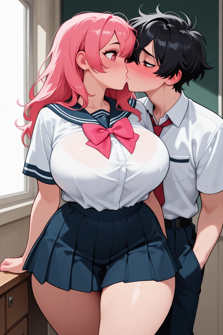 masterpiece (((1 man))) 1 girl (((men and women))) Pink hair Long hair Green eyes Huge (big nipples (orgasm) (heart uniform blazer ((Embrace)) ((deep kiss))