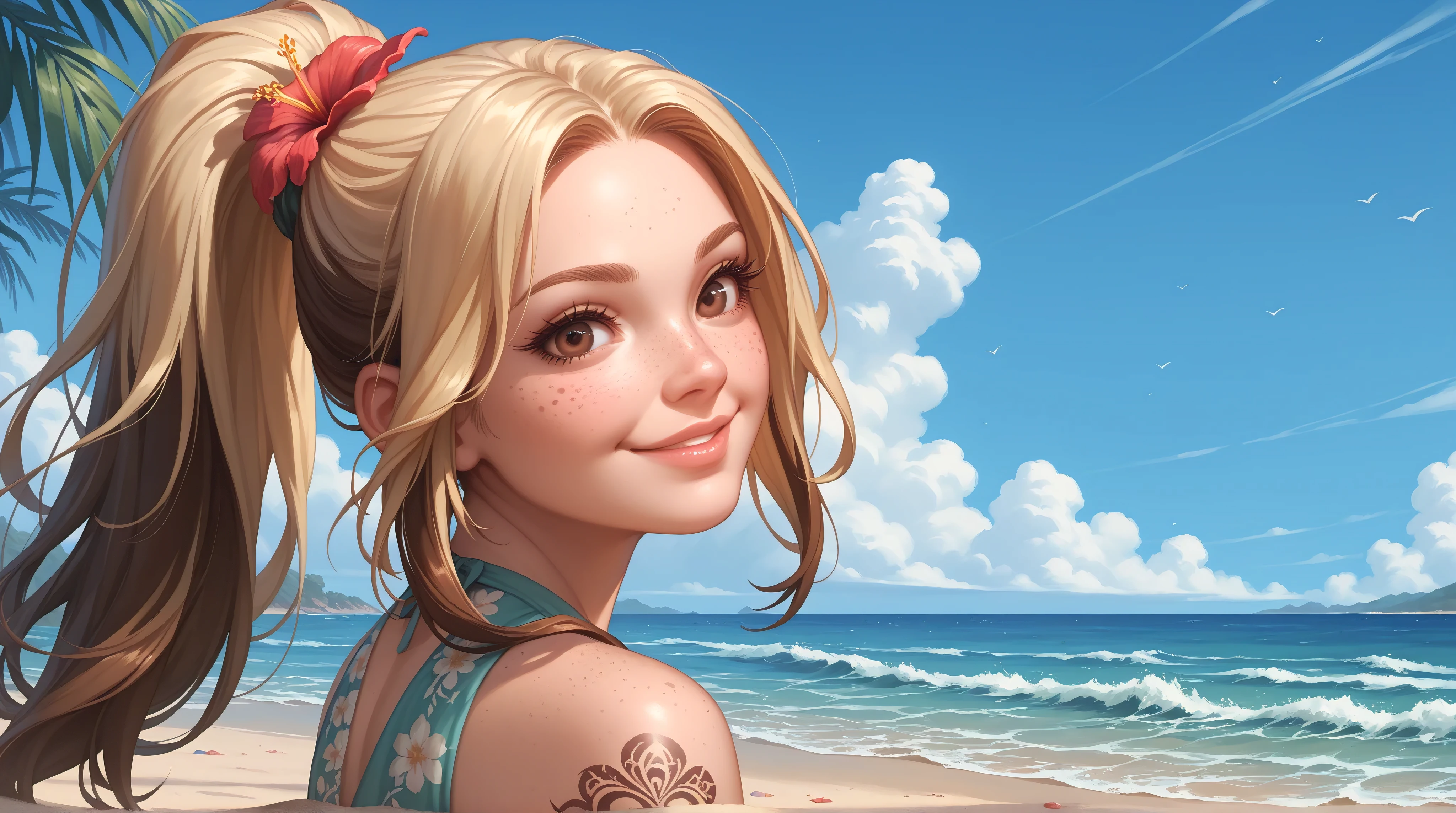 1girl, solo, brown eyes, smile, ponytail, looking at viewer, blonde hair, brown hair, flower tattoo, bare shoulders, summer dress, freckles, multicolored hair, long hair, arm tattoo, detailed face, eyelashes, lips, beach, ocean, sand, waves, palms,