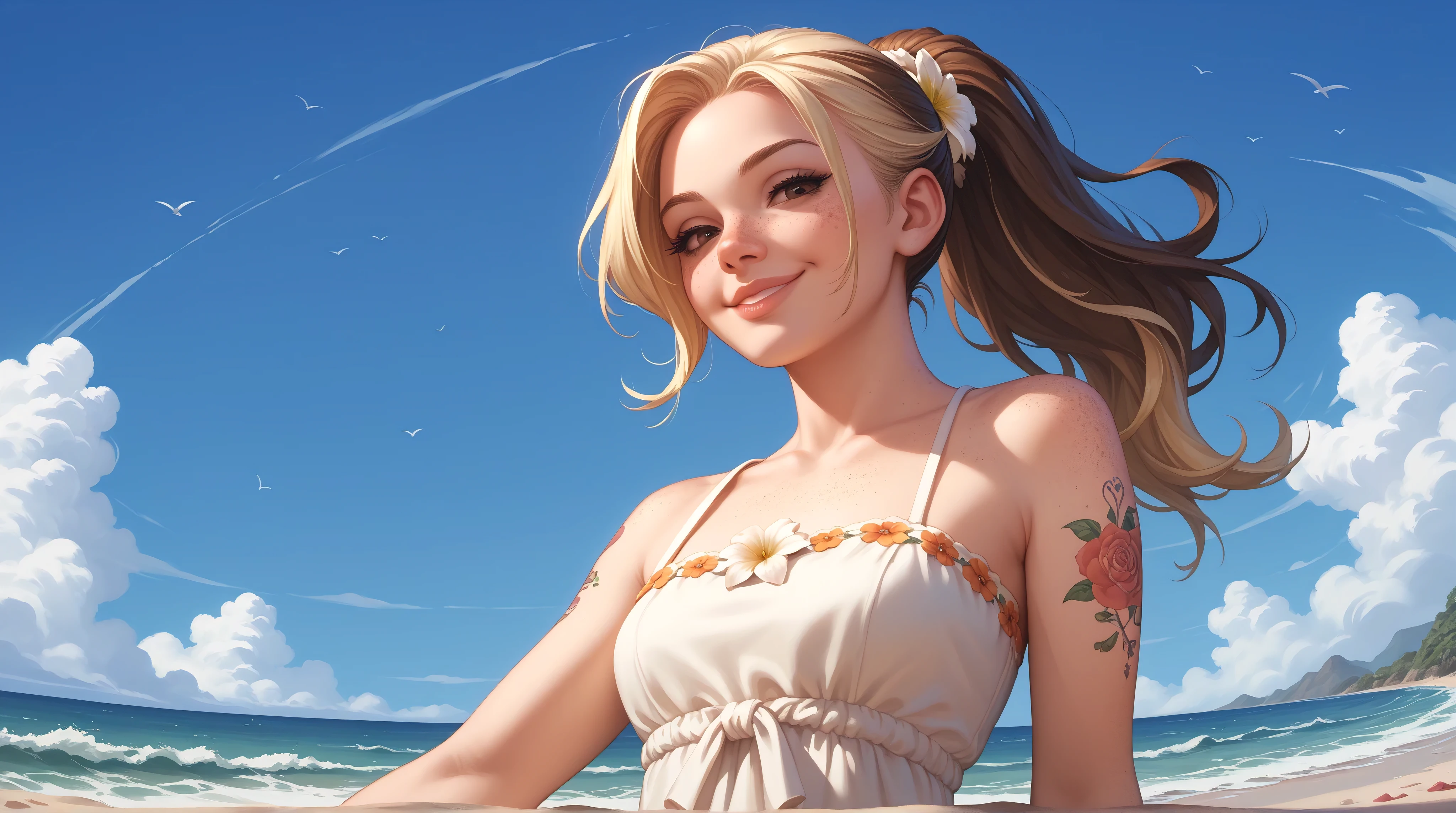 1girl, solo, brown eyes, smile, ponytail, looking at viewer, blonde hair, brown hair, half-closed eyes, flower tattoo, bare shoulders, summer dress, freckles, multicolored hair, long hair, arm tattoo, detailed face, eyelashes, lips, beach, ocean, sand, waves, palms, low angle