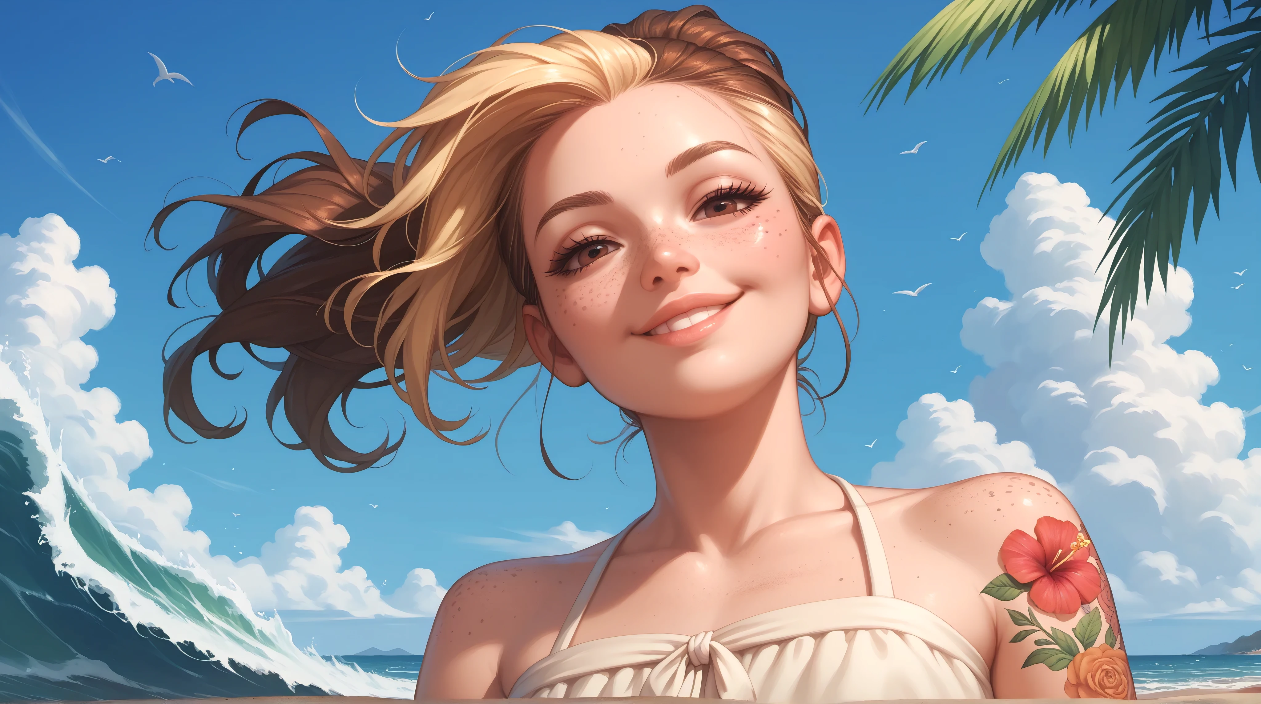1girl, solo, brown eyes, smile, ponytail, looking at viewer, blonde hair, brown hair, half-closed eyes, flower tattoo, bare shoulders, summer dress, freckles, multicolored hair, long hair, arm tattoo, detailed face, eyelashes, lips, beach, ocean, sand, waves, palms, low angle