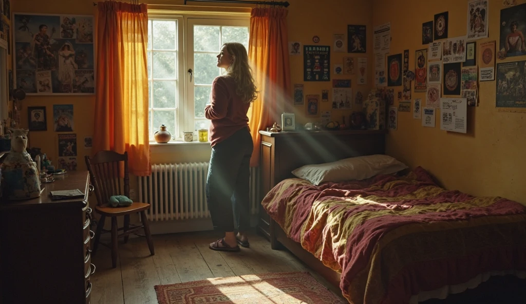 1970s theme, movie scene, 18yo girl, bedroom, desk, feminim room, realistic, looking at viewer, window, lost in thought, arms hugging the pilow, from above, dim light at cozy bedroom
cinematic, vintage color grading,
35 mm -