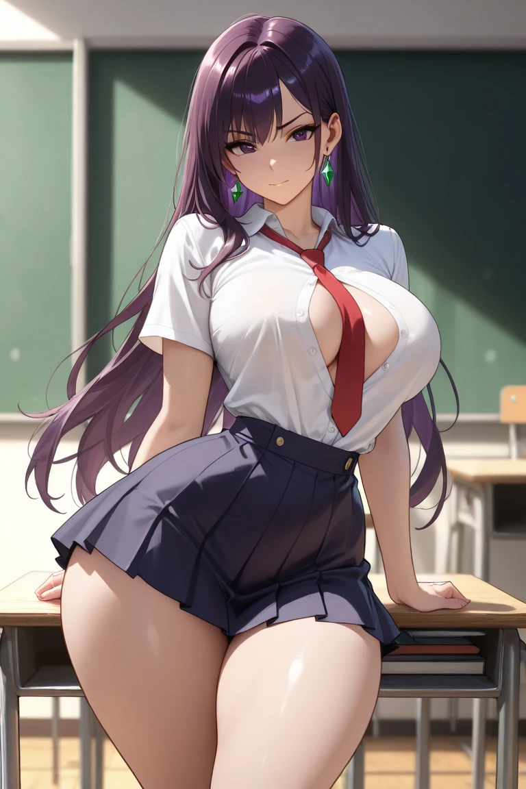 high school girl　Overweight　purple underwear　lace bra　Sober look　school classroom