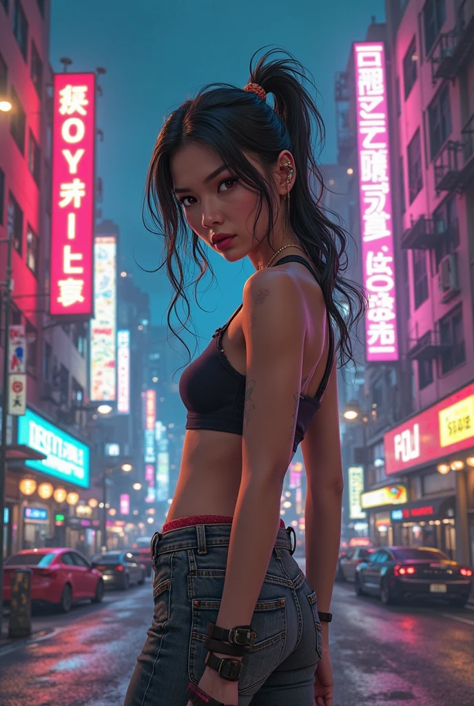 Top Quality, Masterpiece, High Resolution, 8k, wide objective, full body shot, ((skinny cute girl, barely legal, age 14, (in Backless halter Satin shirt with plunging Neckline, short sleeves, very revealing), medium perky breasts, extremely detailed face, detailed eyes, thin eyebrow, detailed lips, no makeup, long slick ponytail side shaved hair, small hips, (cyberpunk), dim light, dramatic and neon colors, futuristic setting, intricate details, at night, random pose, random neon colors))