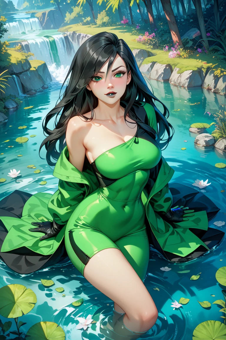 A mesmerizing Norman Rockwell-style illustration of a captivating mashup character, blending the features of Harley Quinn and Poison Ivy. The character, with green skin, showcases Harley's iconic green and red hairstyle, pale green face paint, and a form-fitting green and red outfit. She embodies Poison Ivy's green skin, with leaves and vines intricately entwined around her body. Her eyes sparkle with an enigmatic, alluring glint, and her lips are painted a vibrant green. The background is softly backlit, creating a depth and atmosphere that accentuates the character's mystique. Norman Rockwell's signature realistic shading adds a touch of classic charm and depth to this surreal character. she is naked