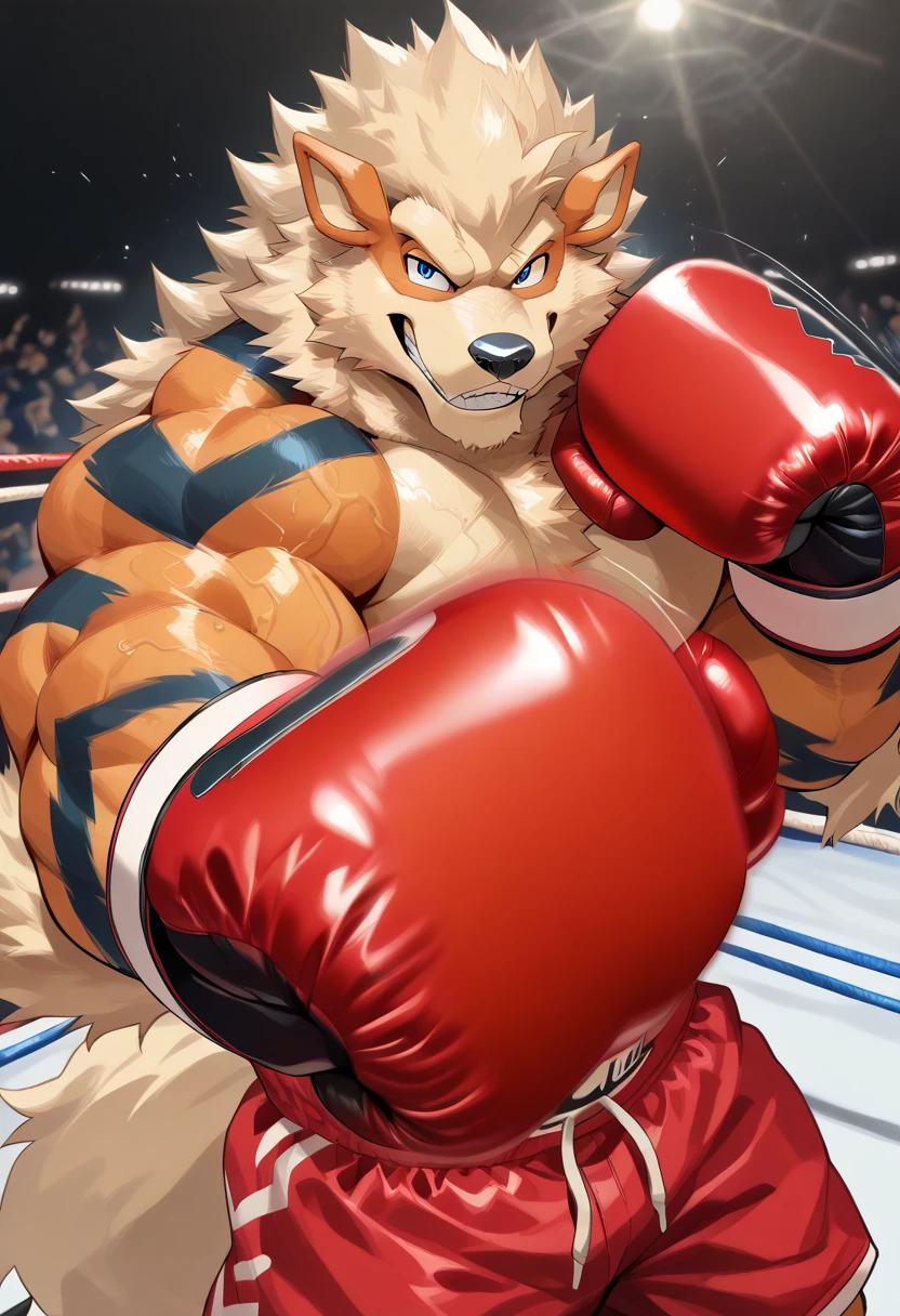 a muscular grizzly bear,a muscular husky dog,fighting in an MMA arena,shirtless,topless,wearing MMA shorts,wearing MMA gloves,(best quality,4k,8k,highres,masterpiece:1.2),ultra-detailed,(realistic,photorealistic,photo-realistic:1.37),HDR,UHD,studio lighting,ultra-fine painting,sharp focus,physically-based rendering,extreme detail description,professional,vivid colors,bokeh,action photography,dynamic composition,dramatic lighting