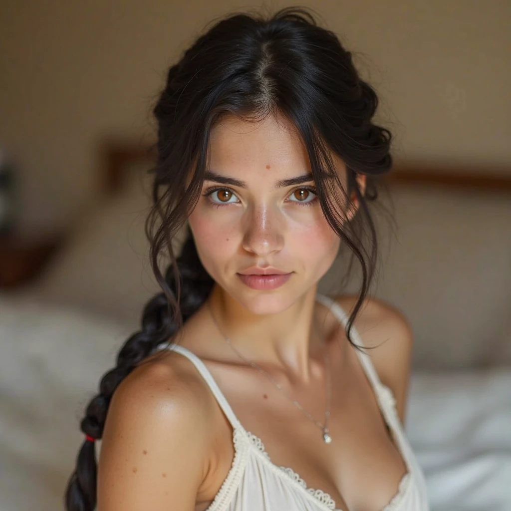 French, bedroom, black hair, french braid, fair skin, loving gaze, dimlit