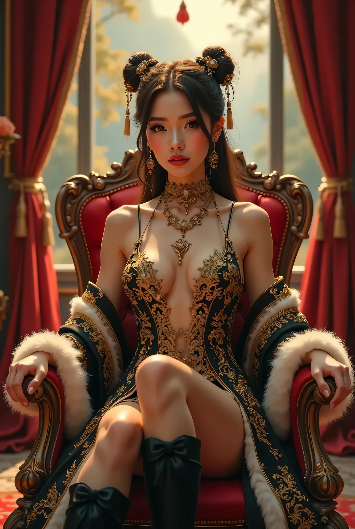 The incredible brunette beauty has a pretty slender figure. She has long straight black hair and large lilac eyes, her face is worked out to the smallest detail, the whole face is completely, the girl is dressed in an elegant, luxurious red dress that emphasizes her charms. The girl sits cross-legged on a golden throne and radiates extraordinary charm and beauty. In her hands she holds an energy ball, from which sparkling light emanates between her fingers. Colorful energy balls hover in the air behind her, reflecting her power and control over the supernatural realms. The girl looks like a brilliant sultana with indescribable abilities. She can manipulate time and space, control energy and reality with amazing grace. This image reflects his strength and superb elegance, as well as a stunning radiance that attracts and dazzles everyone who looks at him from below. Open cleavage, medium chest, excellent quality, lots of details, Puri focus Sharp and realistic.