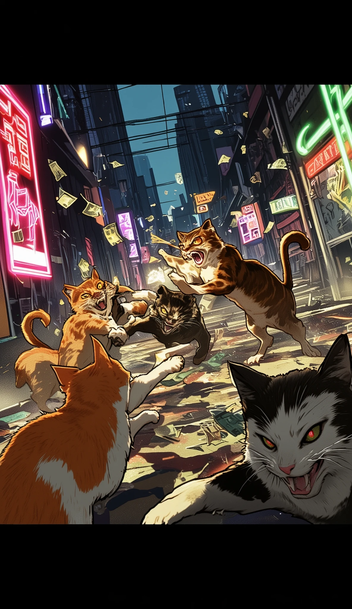 GTA-style animation, cats fighting over territory in the back streets of Los Santos, bills flying, bribery, physical assaults, cat punches,