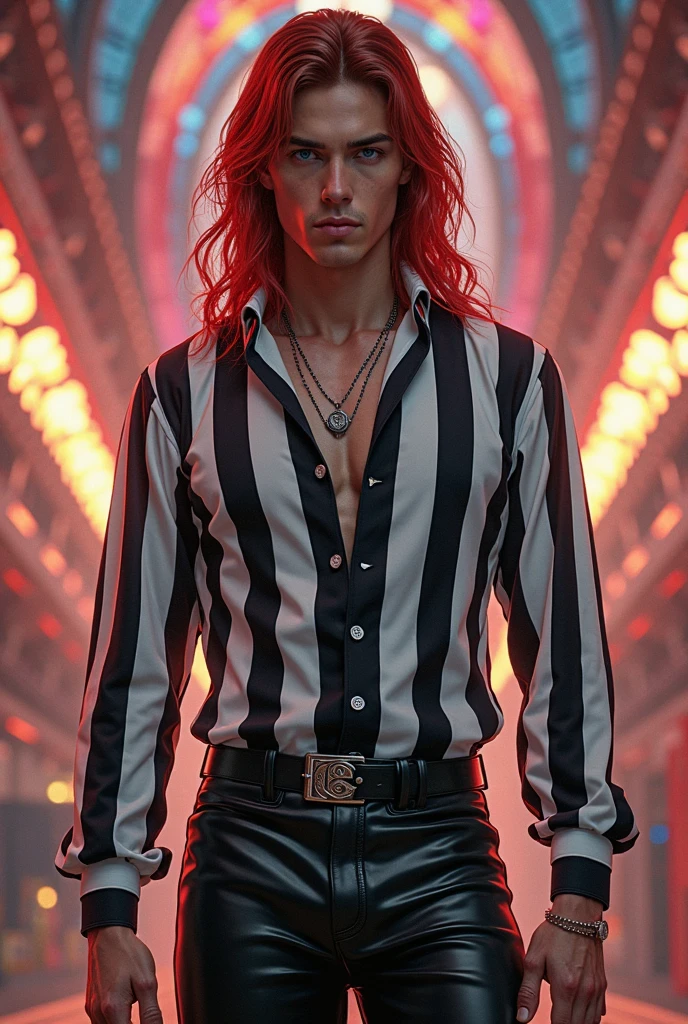 solo male, very long hair, red hair, earrings, red blazer, attractive, seductive, adult, elegant, mature, demon horns, devil horns, devil, incubus, sexy, red colour eyes, naked torso, seductive smile, big bulge, hansome, gentle, sensual, inviting