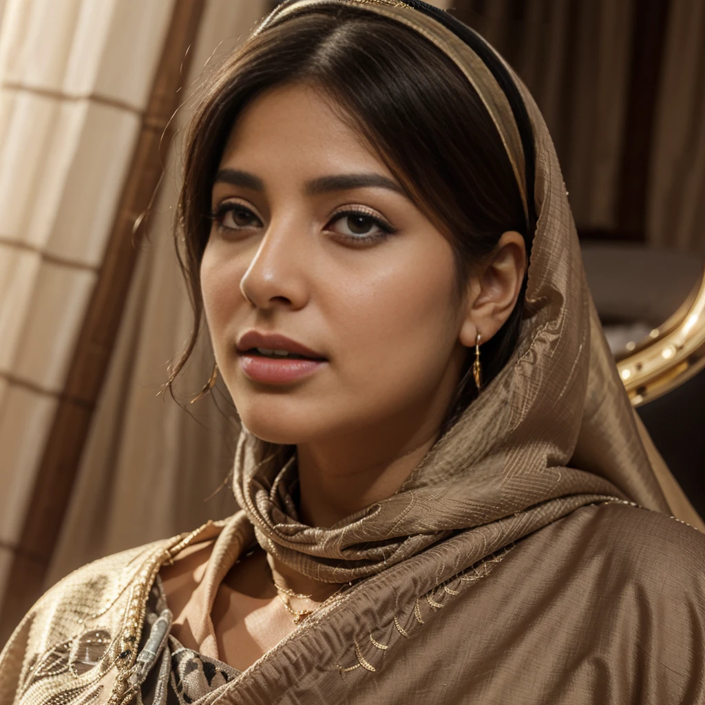 a Hollywood woman in hijab posing for a photo, full body, indoors, luxury hotel, night, plants, smile, Indian mix, blur background, focus, professional photography, dynamic shot, film grain, bokeh, ray tracing, dynamic lighting, camera tilt, from front shot, lens flare, (((erpiece))), ((best quality)), sfw, ((intricate detail)), ((realistic)), (50mm Sigma f/ 1.4 ZEISS lens, F1.4, 1/ 800s, ISO 100, photography:1.1), perspective, milf, mature woman, very detailed, illustration, 1 girl, dressed modestly but tight, beautiful eyes detail, hijab, brown eyes, blouse black , detailed background, perfect eyes, seductive eyes, looking at the viewer, from the front